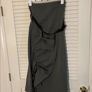Vintage  Military Asymmetrical Gray Green Flap Ruched Skirt with Belt Pocket